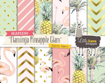 Pineapple Digital Pattern Paper, Tropical Digital Seamless Paper Pack, Watercolor Flamingo Background Patterns, Florida, Commercial Use