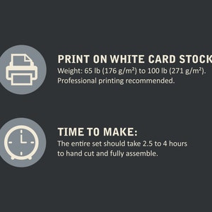 An image that explains to print the advent calendar on white card stock paper, and the time make the set, 2.5 to 4 hours
