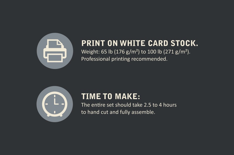 An image that explains to print the advent calendar on white card stock paper, and the time make the set, 2.5 to 4 hours