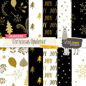 Christmas Digital Paper, Black and Gold, Leaf Patterns, Stars, Snowflakes, Joy, Christmas Trees, Small Business Use