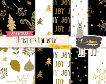 Christmas Digital Paper, Black and Gold, Leaf Patterns, Stars, Snowflakes, Joy, Christmas Trees, Small Business Use