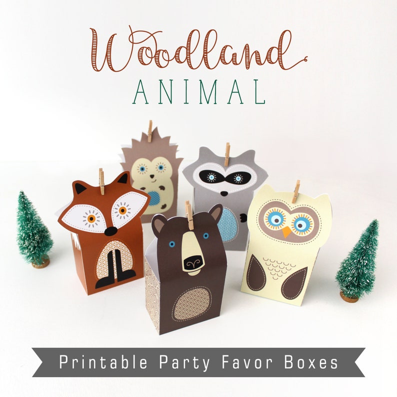 Printable Woodland Favors, Forest Party Favour Boxes, Fox Owl Raccoon Bear Hedgehog Printable Boxes, Lumberjack Theme image 1