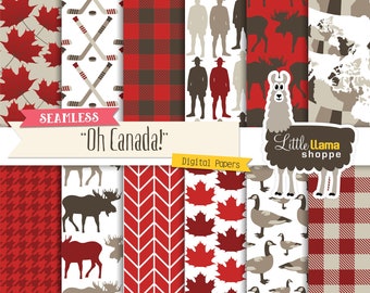 Canada Digital Paper, Seamless Canadian Scrapbook Paper Pack, Maple Leaf, Buffalo Plaid, Lumberjack, Canada Goose, Mountie, Commercial Use