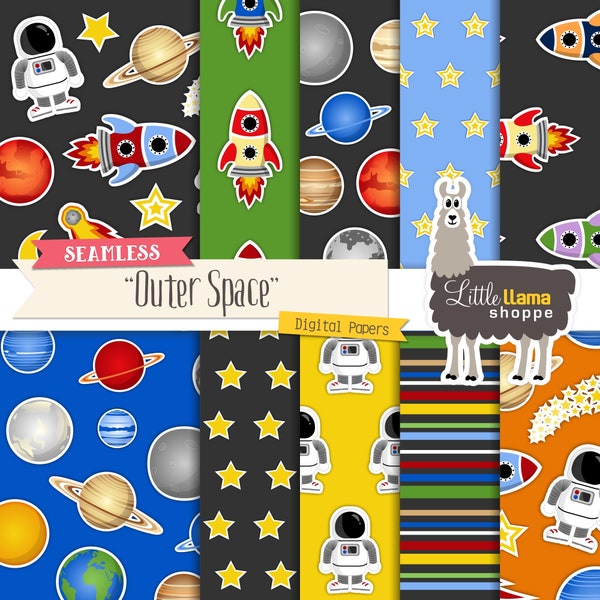 Digital Paper Planets, Outer Space, Astronaut, Rockets, Astronomy Themed Scrapbook Paper Digital Backgrounds, Small Business Use