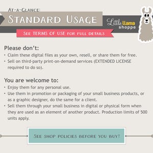 K&ouml;nnte beinhalten: Eine rosa und graue Grafik mit dem Text "AT-A-GLANCE: STANDARD USAGE" und "SEE TERMS OF USE FOR FULL DETAILS". Die Grafik enth&auml;lt auch eine Lama-Illustration und den Text "Little Llama Shoppe". Die Grafik listet die Standard-Nutzungsbedingungen f&uuml;r digitale Dateien auf, einschlie&szlig;lich dessen, was erlaubt ist und was nicht.
