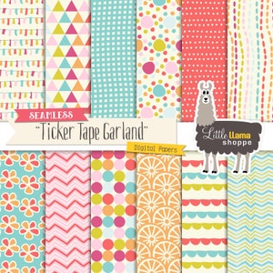 Naadloze digitale papierset, leuk digitaal papierpakket, vrolijke patronen, slingers, geometrische patronen, kleurrijk digitaal papier feestpapier