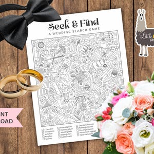 May include: A wedding-themed image featuring a black bow tie, two gold wedding bands, a bouquet of pink and white flowers, and a "Seek & Find" game. The game is a black and white illustration with a checklist. A sticker with a llama is also present.