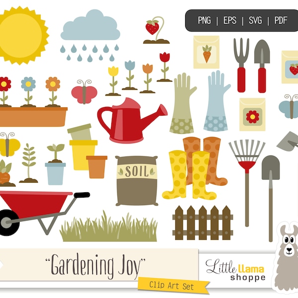 Gardening Clipart SVG PNG, Spring Clipart, Yard Work Clip Art, Landscaping, Horticulture, Wheelbarrow, Commercial Use