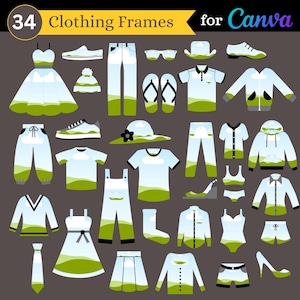 Kleidungsrahmen für Canva | Set mit 34 Ziehen und ablegen Bekleidungsrahmen-Bildern für die Verwendung in Canva |  Kommerzielle Nutzung