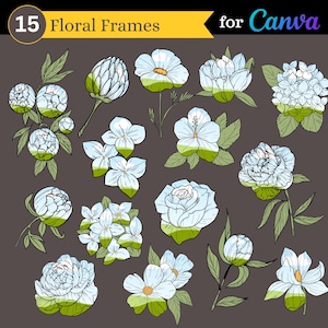 May include: 15 floral frames for Canva. The frames feature various white flowers with green leaves and stems. The flowers include peonies, hydrangeas, roses, and other blooms. The frames are perfect for adding a touch of elegance to your designs.