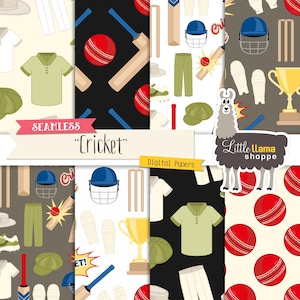 Könnte beinhalten: Eine Sammlung nahtloser digitaler Papiere zum Thema Cricket. Die Designs zeigen Cricketbälle, Schläger, Helme, Schutzkleidung und Kleidung in verschiedenen Mustern. Die Farbpalette umfasst Rot, Grün, Weiß und Schwarz. Der Text "Seamless Cricket" und "Digital Papers" sind sichtbar.