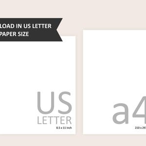 May include: Two white paper sheets, one labeled "US LETTER" with dimensions 8.5 x 11 inches, and the other labeled "a4" with dimensions 210 x 297 mm. The text "DOWNLOAD IN US LETTER OR A4 PAPER SIZE" is at the top.