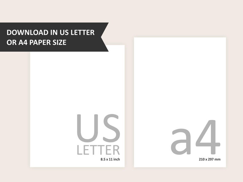 May include: Two white paper sheets, one labeled "US LETTER" with dimensions 8.5 x 11 inches, and the other labeled "a4" with dimensions 210 x 297 mm. The text "DOWNLOAD IN US LETTER OR A4 PAPER SIZE" is at the top.
