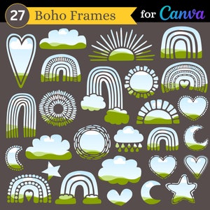 以下が含まれることがあります： Canva 用の 27 個のボホフレーム。虹、ハート、雲、星、月、太陽など、27 個のデジタルイラストのセット。イラストは、青、緑、黄、白など、さまざまな色で描かれています。イラストは、デザインに遊び心を加えるのに最適です。