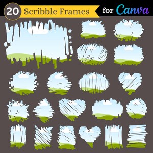 May include: Twenty hand-drawn scribble frames featuring a blue sky, white clouds, and green grass background. The frames come in a variety of shapes, including circles, ovals, squares, rectangles, and hearts. These frames are ideal for adding a whimsical touch to your designs.