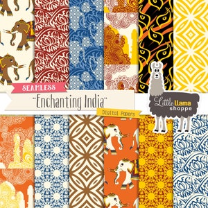 May include: A collection of digital papers with various patterns and designs. The patterns include elephants, floral motifs, and geometric shapes in colors like red, blue, yellow, and brown. The text "Seamless Enchanting India" is displayed.