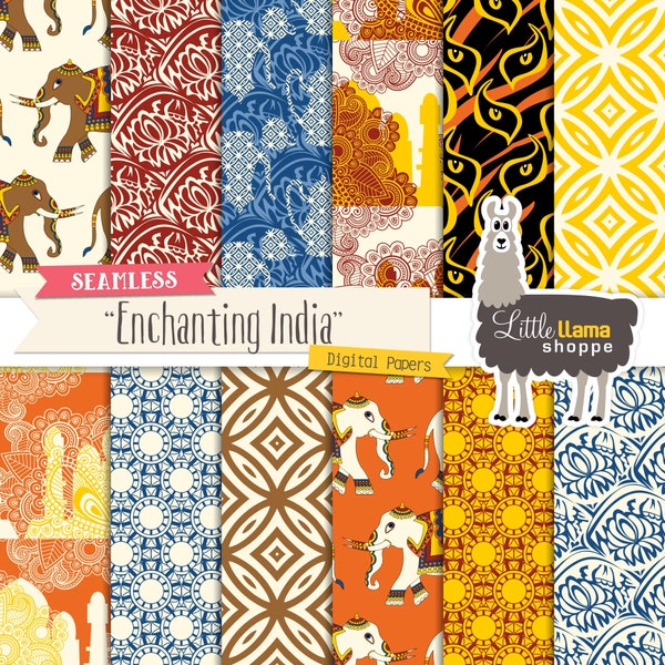 India Digital Paper, Enchanting India Backgrounds and Seamless Surface Patterns, Asian Elephants, Tiger Eyes, Taj Mahal, Batik, Henna