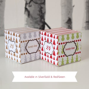 An image showing that the printable advent calendar boxes are available in a silver or gold motif, or red and green