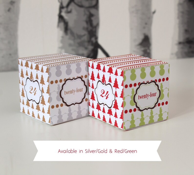 An image showing that the printable advent calendar boxes are available in a silver or gold motif, or red and green