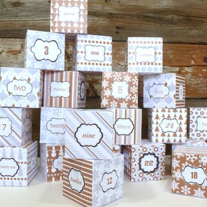 Printable advent calendar boxes, numbered from 1 to 25, as a countdown to Christmas