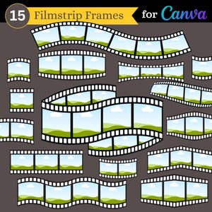 May include: A selection of 15 filmstrip frames for Canva, in diverse shapes and sizes. Each frame showcases a landscape scene with green hills, blue skies, and white clouds. The design includes the text "Canva" and "Filmstrip Frames".