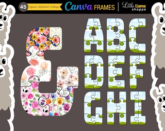 Canva Frames Letras / Conjunto de 45 marcos de collage de alfabetos de rompecabezas / Marcos de fuentes de piezas de rompecabezas / Letras, números, caracteres especiales