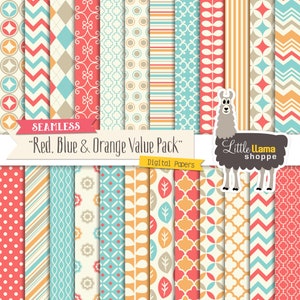 May include: A set of 20 digital papers featuring seamless patterns in red, blue, and orange. The patterns include geometric shapes, stripes, polka dots, and floral designs. The papers are perfect for scrapbooking, card making, and other craft projects.