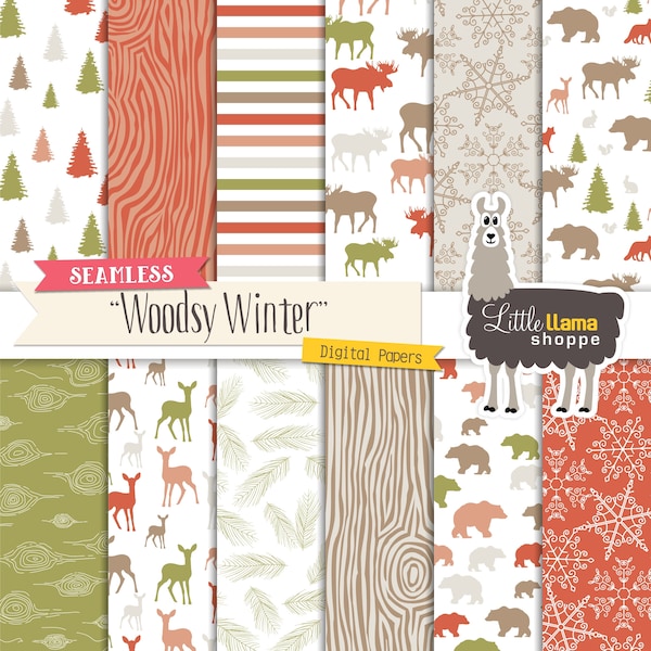 Winter Woodland Digital Paper, Seamless Woodland Scrapbook Paper, Moose Deer Silhouette, Christmas Surface Patterns, Commercial Use