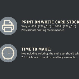 An image that explains to print the advent calendar on white card stock paper, and the time make the set, 2.5 to 4 hours