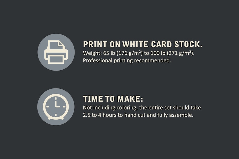 An image that explains to print the advent calendar on white card stock paper, and the time make the set, 2.5 to 4 hours
