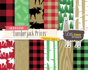 Lumberjack Digital Paper: Buffalo Plaid, Seamless Forest Pattern (Digital Download)