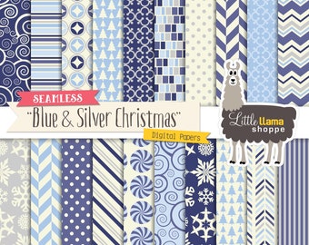 Silver and Blue Christmas Digital Paper, Seamless Holiday Digital Scrapbook Paper Value Pack, Blue Silver Navy, Commercial Use