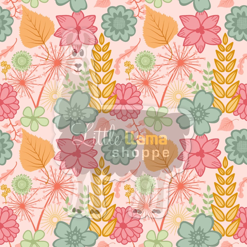May include: A seamless pattern featuring a llama silhouette on a pink background with a variety of floral designs in shades of pink, green, yellow, and orange.
