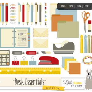 Office Supplies Clip Art SVG and PNG, School Clipart, Desk Essentials, Commercial Use, Pens Binder Tape Calculator Ruler