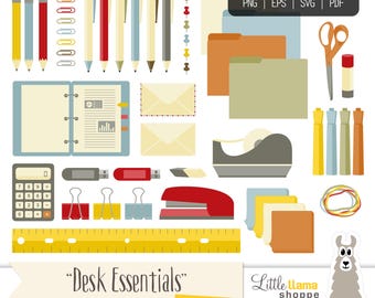 May include: A set of colorful clip art images featuring office supplies, including folders, pens, pencils, paper clips, a stapler, a calculator, a ruler, a tape dispenser, envelopes, and a llama. The text "Desk Essentials" and "Clip Art Set" are included in the image.