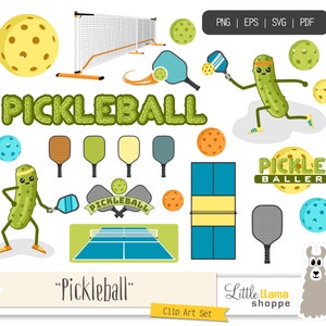 Peut inclure: Un ensemble de clipart de pickleball avec un personnage de cornichon, un filet de pickleball, des raquettes et des balles. Le texte "Pickleball" est écrit en lettres vertes. Le texte "Pickle Baller" est écrit en lettres jaunes avec un contour noir. Le texte "Little Llama Shoppe" est écrit en lettres noires avec un contour jaune.