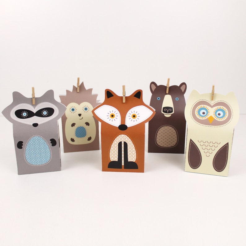 Printable Woodland Favors, Forest Party Favour Boxes, Fox Owl Raccoon Bear Hedgehog Printable Boxes, Lumberjack Theme image 8