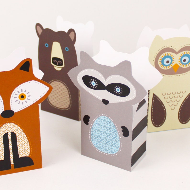 Printable Woodland Favors, Forest Party Favour Boxes, Fox Owl Raccoon Bear Hedgehog Printable Boxes, Lumberjack Theme image 3