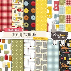 Sewing Digital Paper, Background Seamless Graphics With Sewing Machines, Thimbles, Thread Spools, Needles, Pin Cushions, Notions, Fabric