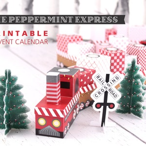 Calendrier de l'Avent Train à imprimer The Peppermint Express Imprimez et faites le compte à rebours jusqu'à Noël Boîtes en papier pour mettre des cadeaux à l'intérieur PDF image 1