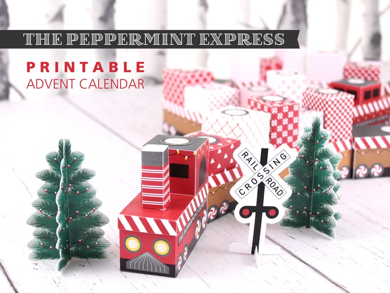 Calendrier de l'Avent Train à imprimer The Peppermint Express Imprimez et faites le compte à rebours jusqu'à Noël Boîtes en papier pour mettre des cadeaux à l'intérieur PDF image 1