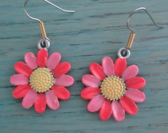 Pink Flower Botanical Dangle Earrings, Stainless Steel Ear Wires, Hand Painted Florals
