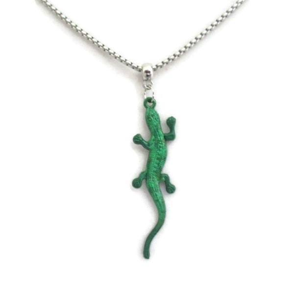 Green Lizard Necklace, Hand Painted, Stainless Steel Chain, Reptile Jewelry