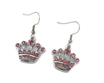 Pink Rhinestone Crown Earrings, Stainless Steel Ear Wires, Princess Queen Jewelry