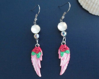 Pink angel Wing Earrings, Stainless Steel Ear Wires, Hand Painted, Rhinestone, Moon Stone, Red Rose