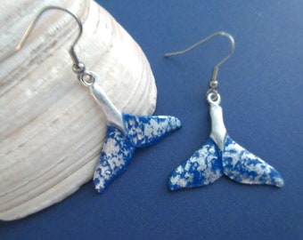 Whale Tail Dangle Earrings, Stainless Steel Ear Wires, Hand Painted, Beach Fish Jewelry