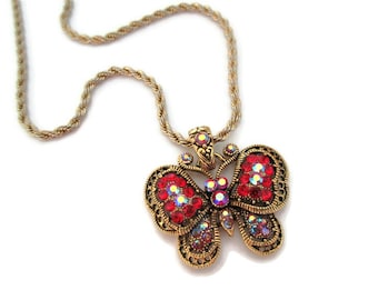 Vintage Rhinestone Butterfly Necklace, Ornate Gold Tone