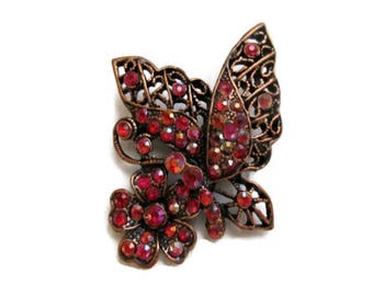 Vintage Butterfly Brooch, Floral Pin, Copper Trim