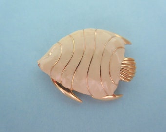 Vintage Angel Fish Brooch, Signed Monet, Cream and Gold Trim Color, Great Gift