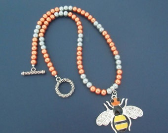 Hand Beaded Bee Necklace, Orange and Gray Faux Pearls, Rhinestone Bug Pendant, Gift For Her